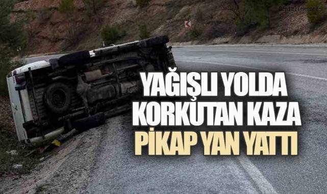 Kaygan Yolda Dengeyi Kaybeden Pikap Yan Yatarak Savruldu